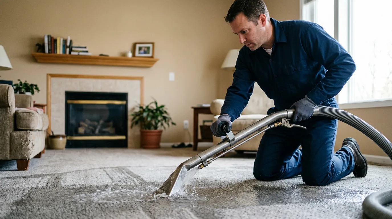 Water damage restoration technician working in a home in Iowa